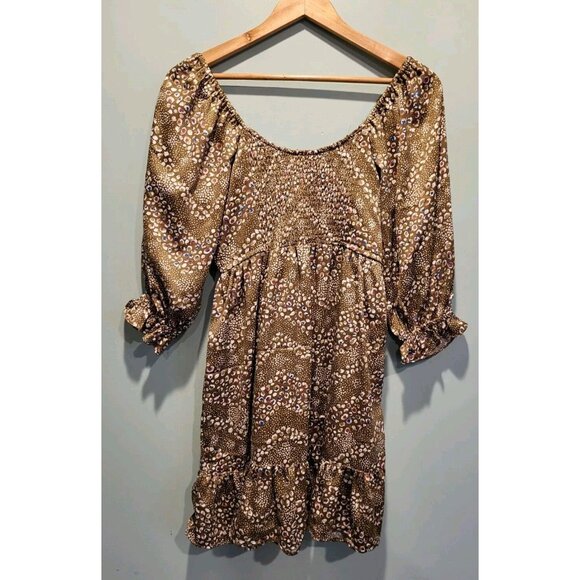 Brown Multicolor Spotted 3/4 Sleeve Empire Waist Flowy Mini Dress Sz M Coquette - Picture 6 of 8